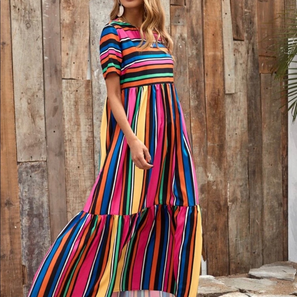 Stripped Ruffled Hemmed Babydoll Dress